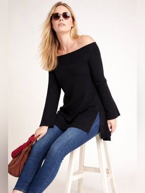 Anthropologie Elise Off Shoulder Tunic Sweater Black Ribbed Knit Boho Top Size S